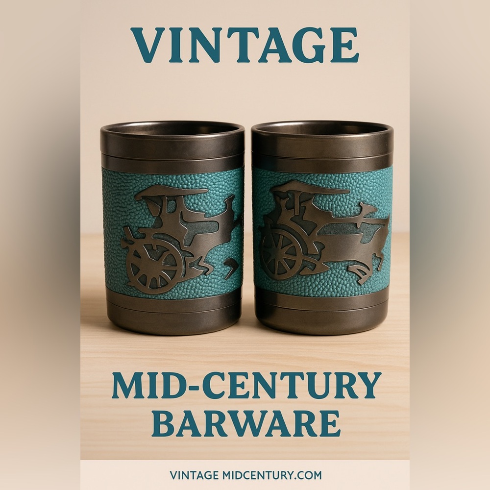 Vintage Mid-Century Embossed Metal Tumblers Horse & Carriage Design (Set of 2)